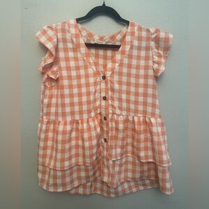 Gingham Button-Front Ruffle Sleeve Blouse - Orange & White